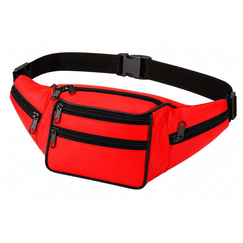 BB-04 Red Leather Bumbag/Waist Bag W/6 Zips (New) (image for) BB-04 Red Leather Bumbag/Waist Bag W/6 Zips (New)